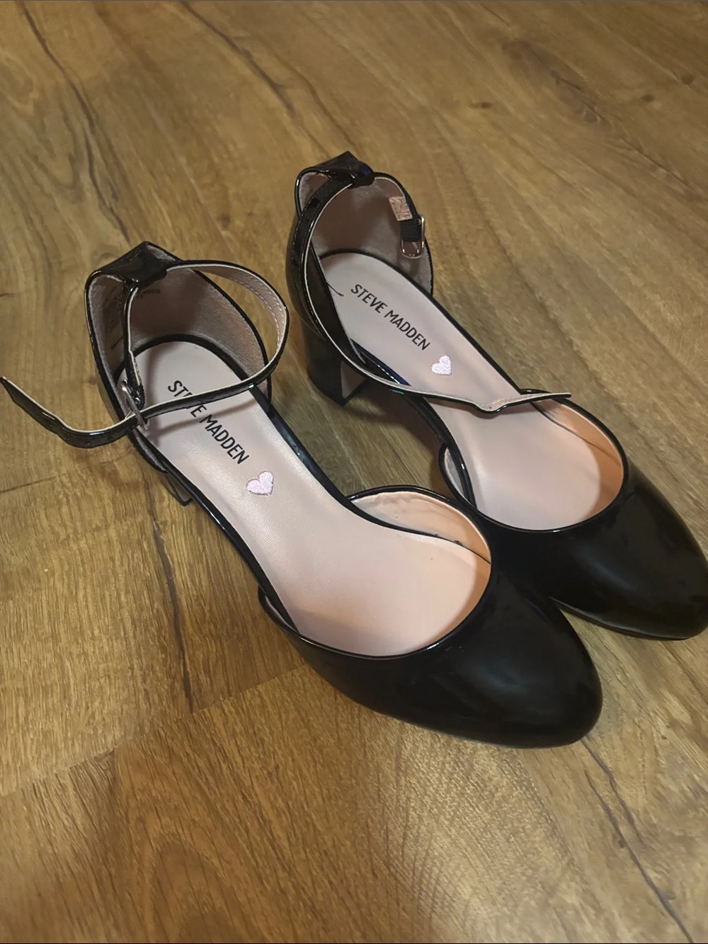 Steve Madden Black Patent Round-Toe Ankle Strap Heels